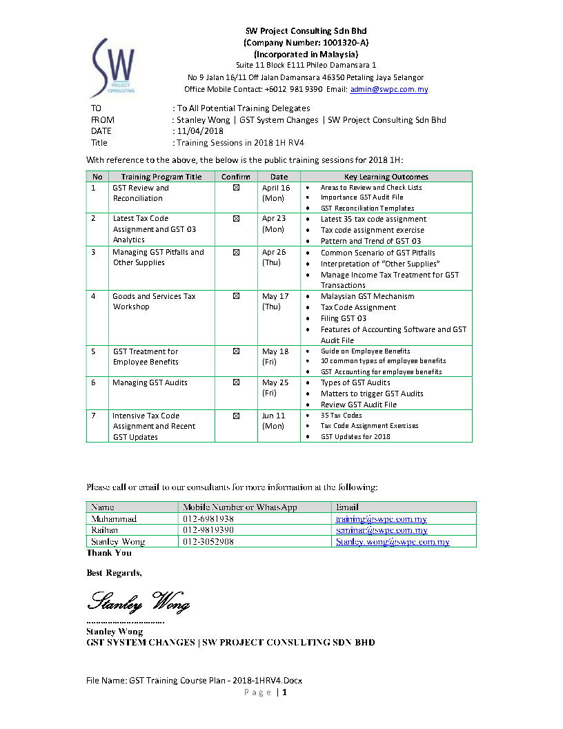 GST Training Course Plan 20181HRV4