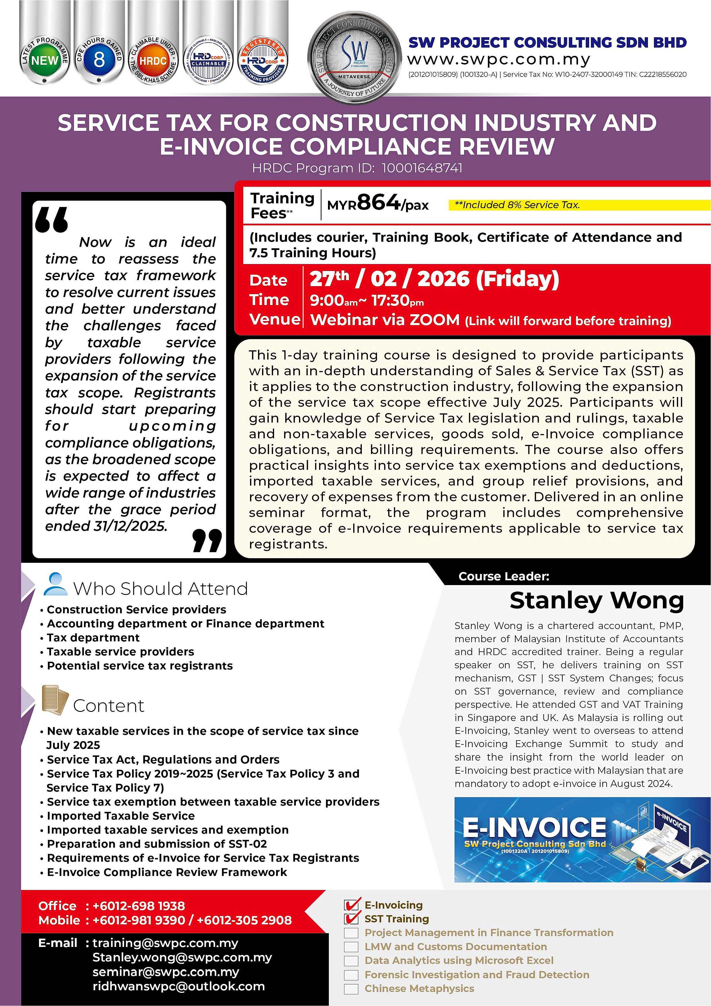 Online seminar - Service Tax for Construction Industry and e-Invoice Compliance Review