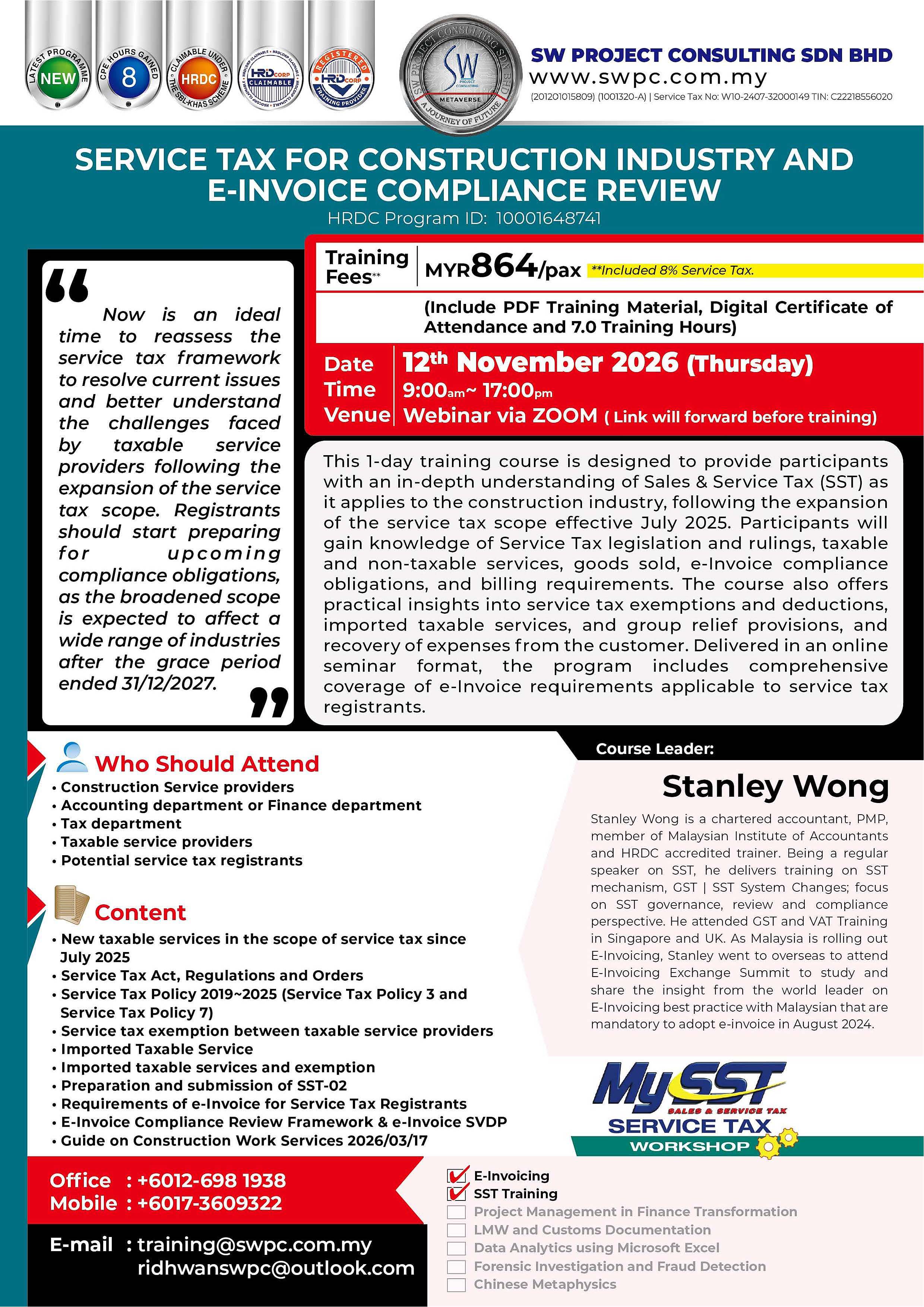 Online seminar - Service Tax for Construction Industry and e-Invoice Compliance Review